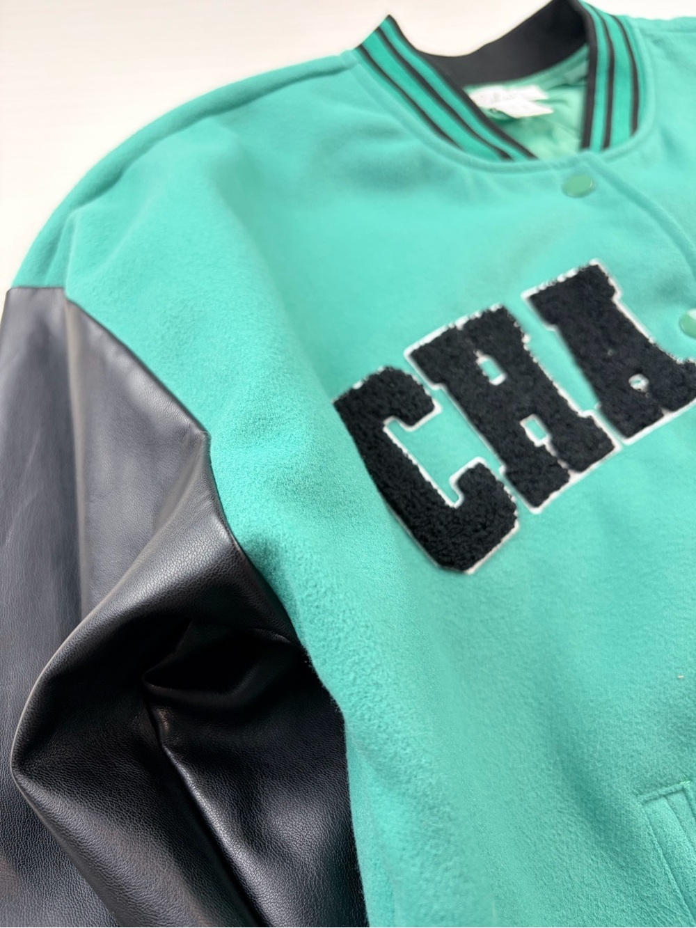 CHAMPS Green Letterman Jacket with Black Sleeves - Picture 3 of 6
